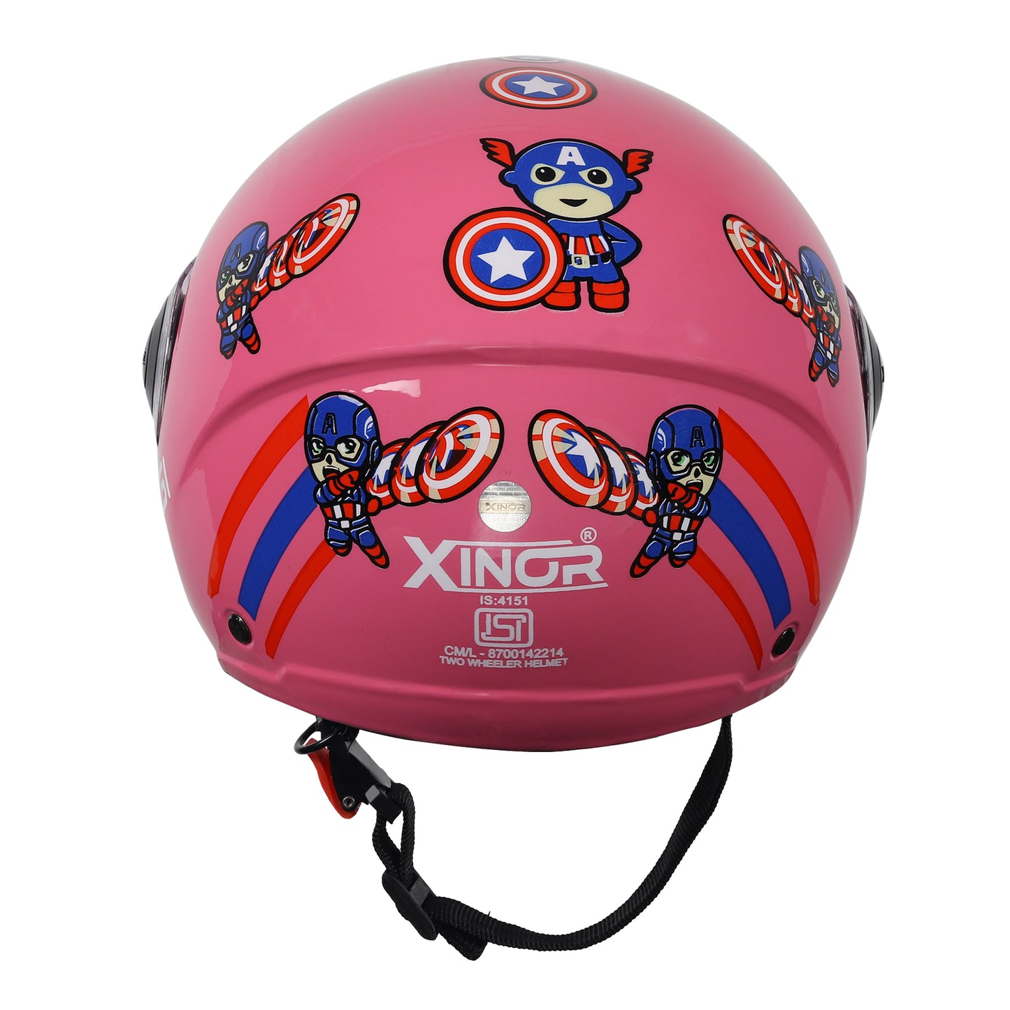 Kids' Open-Face Helmet by Xinor with Captain America Sticker – ISI Certified (Pink)